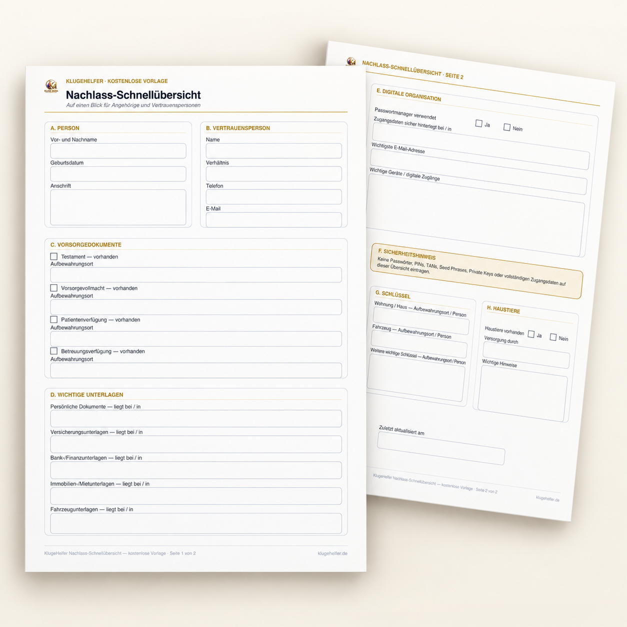 KlugeHelfer Nachlass-Schnellübersicht als ausdruckbares PDF