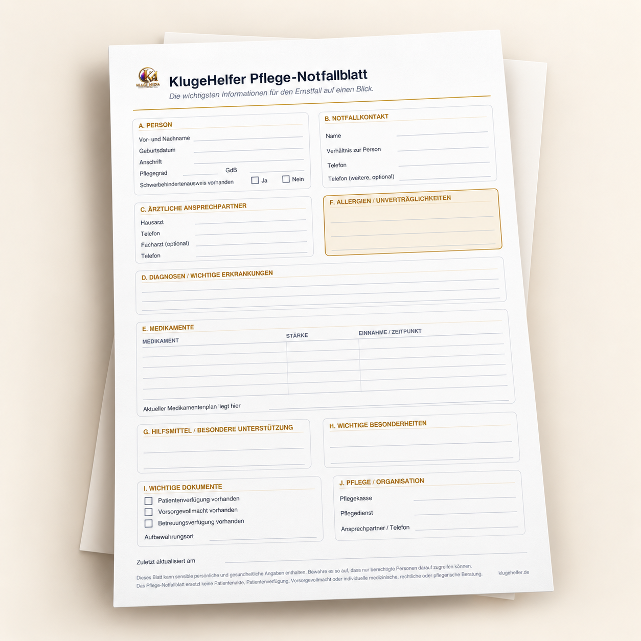 KlugeHelfer Pflege-Notfallblatt als ausdruckbares PDF